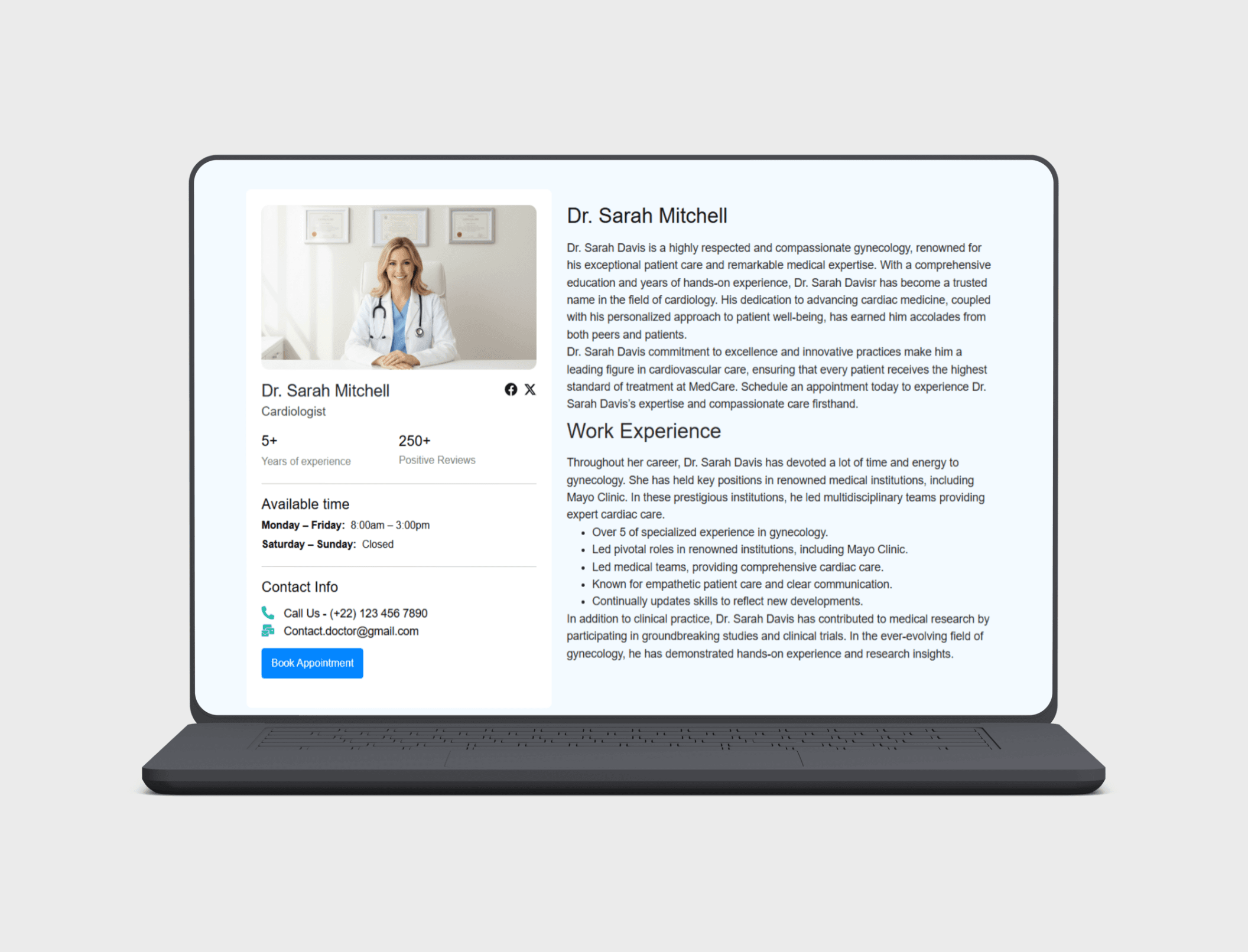 Individual doctor detail page showcasing professional credentials, specializations, verified patient reviews, consultation fees, weekly schedule, and prominent one-click appointment booking button