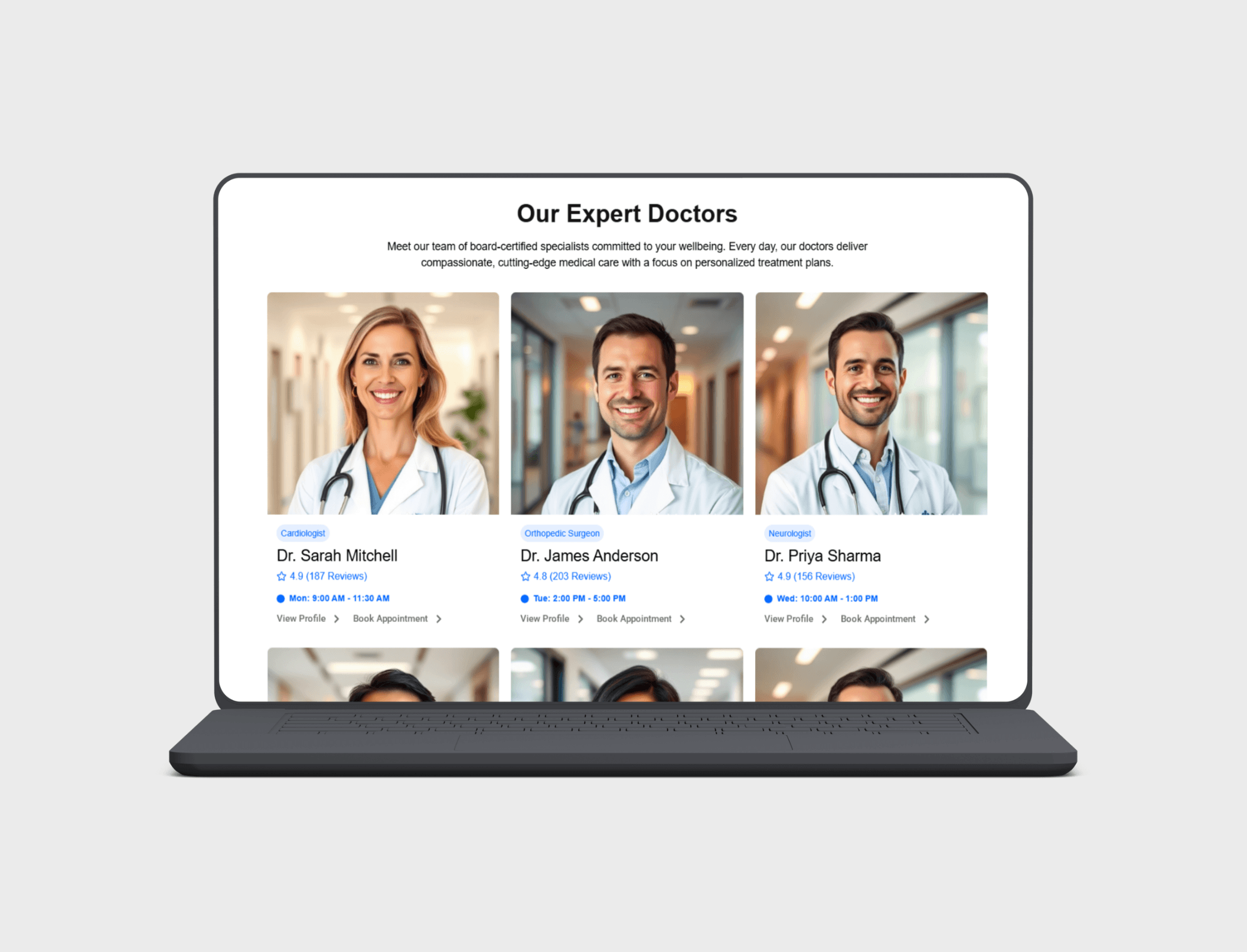 Primecare doctors directory page displaying filterable grid of physician profiles with specialties, experience levels, patient ratings, and real-time availability indicators