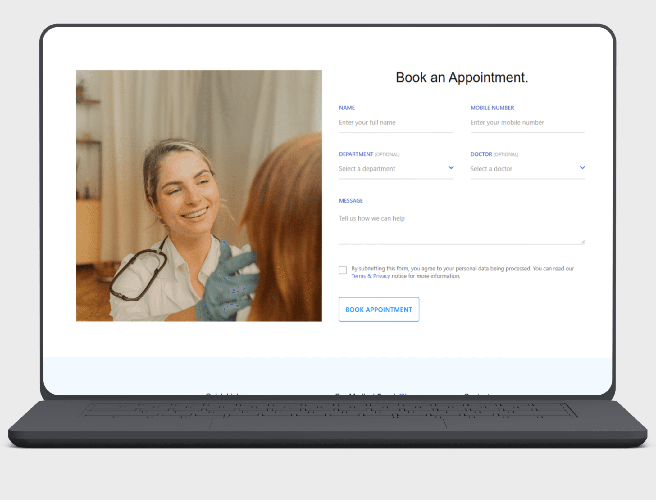 Primecare contact page with integrated appointment booking form showing real-time calendar availability, patient information fields, and instant confirmation system