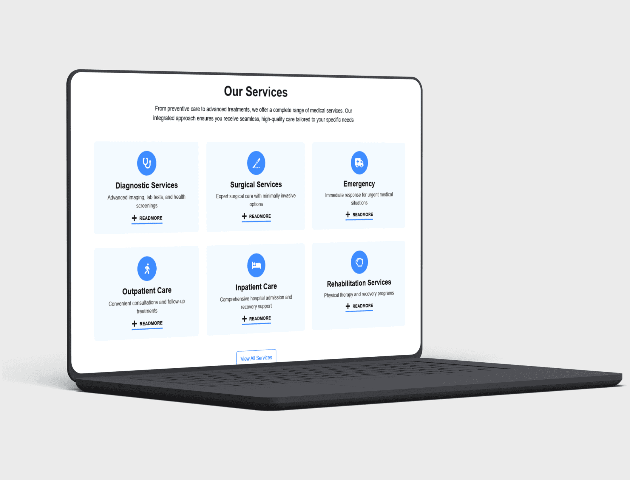 Primecare healthcare services page featuring cardiology, orthopedics, and pediatrics specialty categories with modern card-based layout and service descriptions
